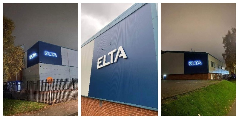 A collage of the ELTA signage outside during the day and lit up at night.